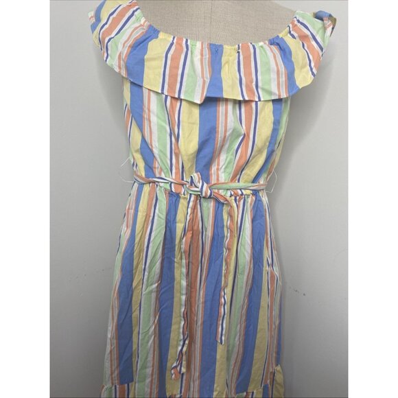 Draper James Rainbow Striped Maxi Dress L Ruffle Tie Waist Off The Shoulder - Picture 3 of 10